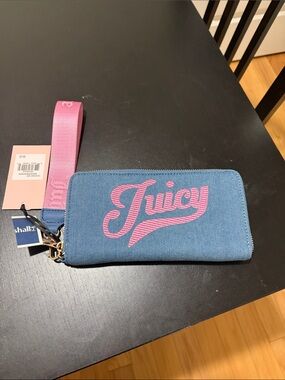 Juicy Couture Blue Denim Wristlet with Pink Logo Strap Brand New!